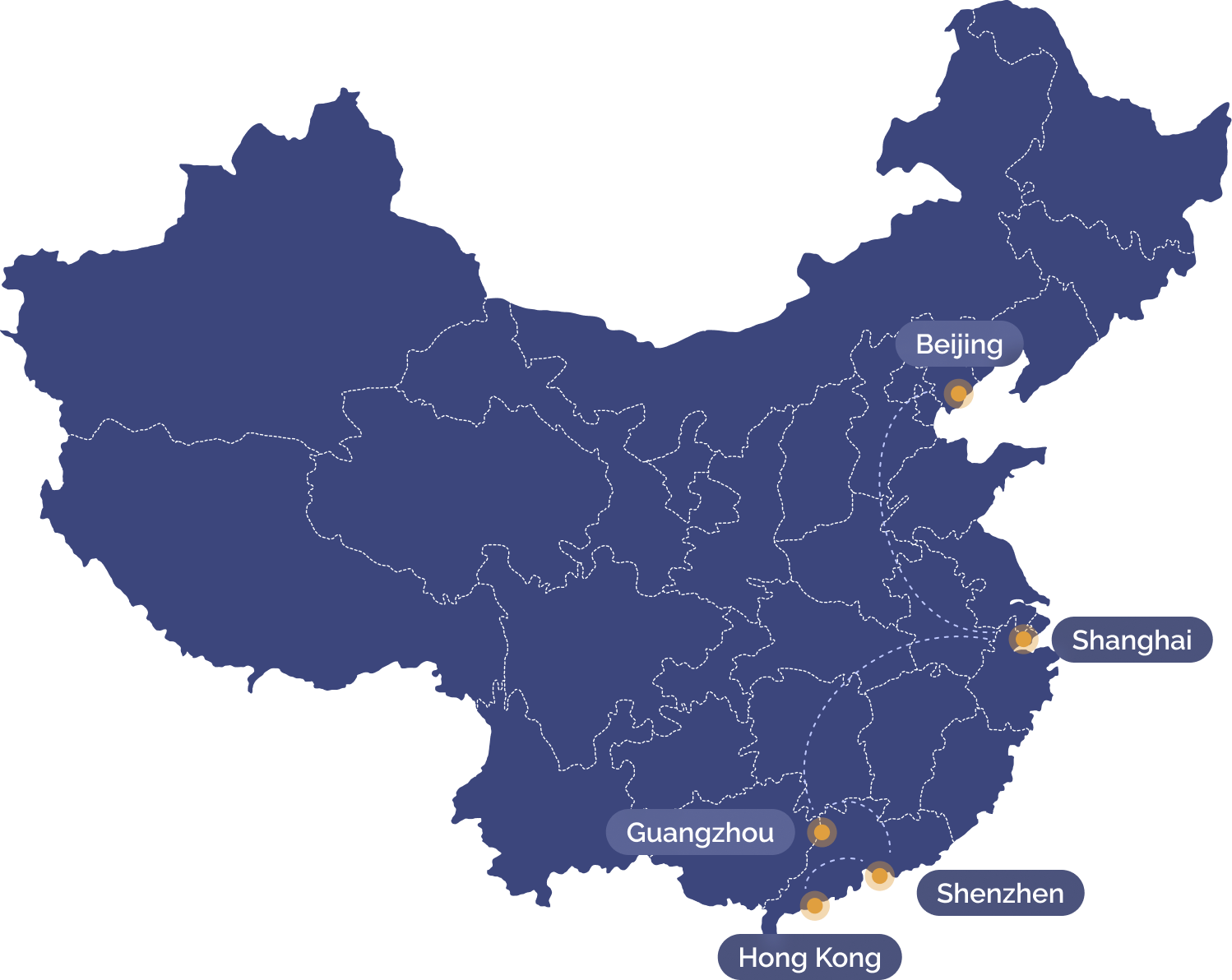 Mapa da China com roteiro: Beijing, Shanghai, Shenzhen, Guangzhou e Hong Kong